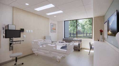 A rendering of a patient room at the planned HCCH facility