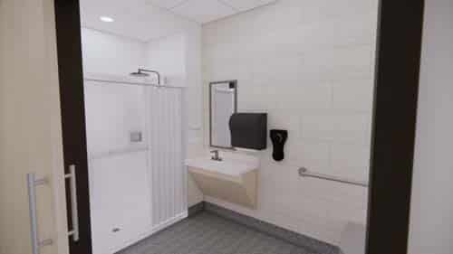 A rendering of a patient bathroom at the planned HCCH facility