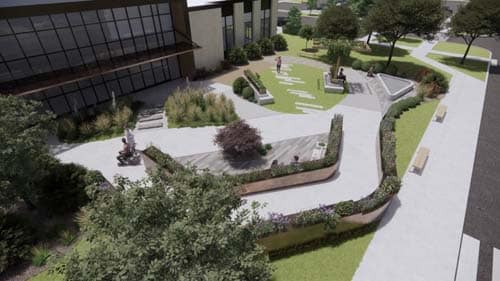An aerial rendering of the planned HCCH facility and sidewalks