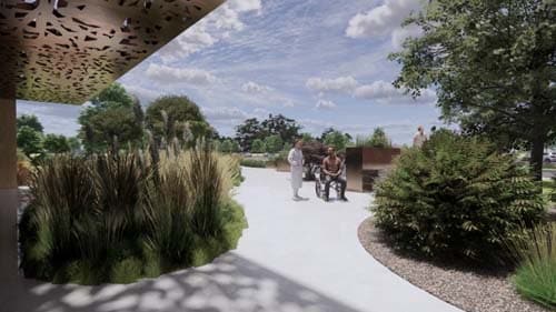 A rendering of the planned HCCH facility with a provider and patient talking outside